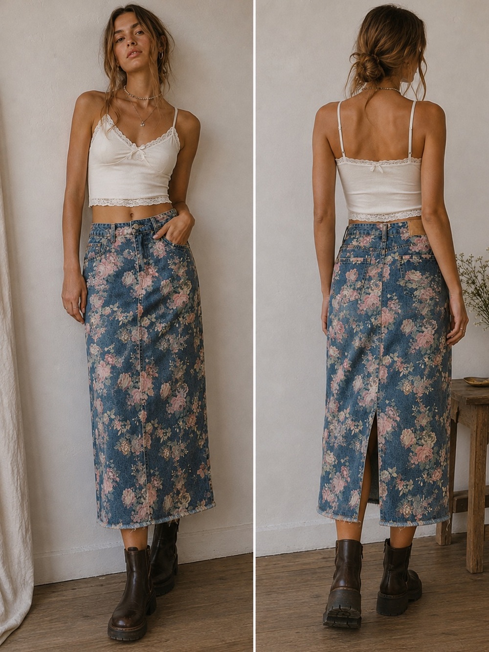 Floral Pink Rose Print Blue Denim Midi Casual Cottagecore Feminine Skirt Medium